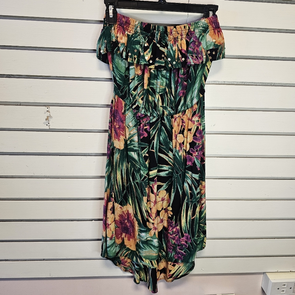 Candie's XS Strappless Tropical Floral Purple Orange and Green Rayon Dress